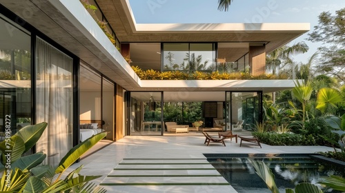 An exterior view of an minimalist villa with nice tropical garden landscape. Generative AI.