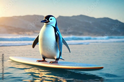 one cute 3d render of a penguin on a surfboard