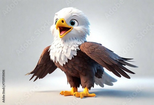 A Adorable 3d rendered cute happy smiling and joyful baby eagle cartoon character on white backdrop