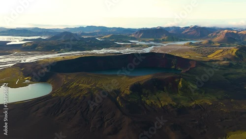 Aerial drone view of Ljotipollur Crater during sunrise, highlands of Iceland photo
