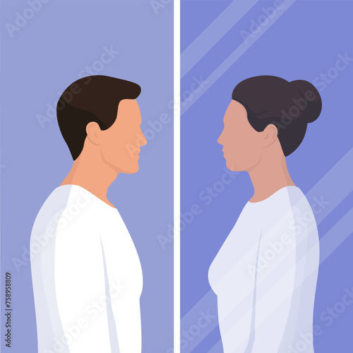 Man looking at the mirror and seeing himself as a woman