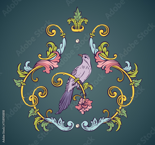 Luxury decorative vector element with bird, baroque monogram, renaissance emblem, luxury label
