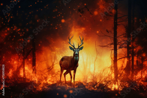 A deer stands in front of a raging fire in the woods, highlighting the danger of forest fires for wildlife