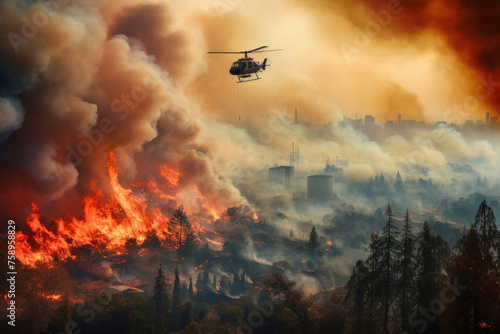 A helicopter hovers above a forest ablaze, releasing water to extinguish the fire below