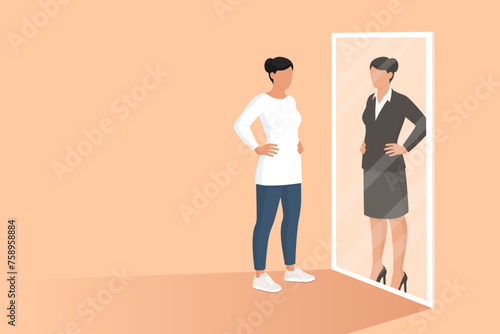 Woman looking at the mirror and seeing herself as a businesswoman