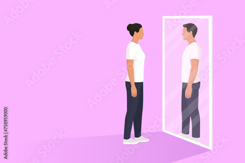 Woman looking at the mirror and seeing herself as a man