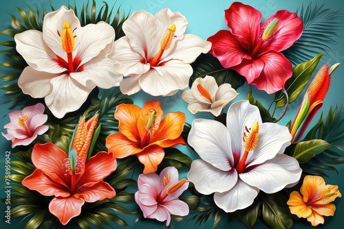 set of tropical flowers illustration  tropical flowers illustration