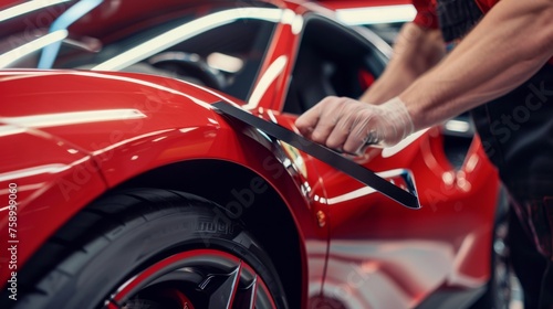 Technician using squeegee to smooth protective film on door panel of luxury sports car © AlfaSmart