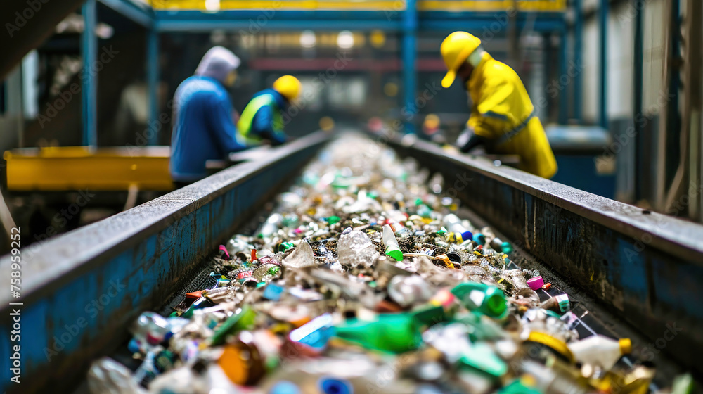 Man in Yellow Hard Hat and Green Vest Standing Next to Conveyor at Garbage Processing Plant