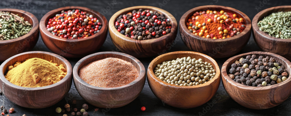 Assorted Wooden Bowls Filled With a Variety of Spices Assorted Wooden Bowls Filled With a Variety of Spices