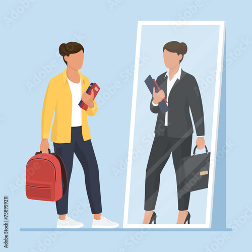 Student looking at the mirror and seeing herself as a successful businesswoman