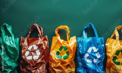 Biodegradable plastic bags, each with a universal recycling symbol photo