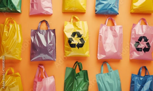 Biodegradable plastic bags, each with a universal recycling symbol photo