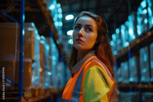 Portrait of a warehouse woman worker in a light reflecting vest