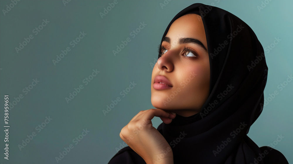 A poised young woman in a black hijab gazes upward with a thoughtful expression, set against a soothing teal background. The image captures a sense of contemplation and the elegance of modest fashion A poised young woman in a black hijab gazes upward with a thoughtful expression, set against a soothing teal background. The image captures a sense of contemplation and the elegance of modest fashion