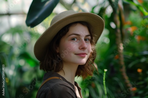 Portrait of young woman wearing hat with brim, in botanical garden