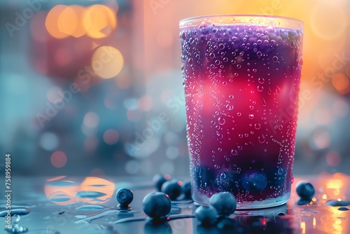 Glass of blueberry juice on table in cafe, closeup
