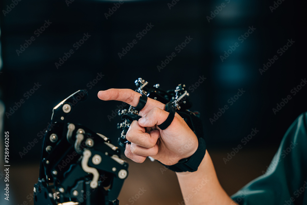 Asian teenage boy happily learns technology testing a robot hand and arm for educational development in a technical college. Embracing AI and humanity in futuristic studies. Asian teenage boy happily learns technology testing a robot hand and arm for educational development in a technical college. Embracing AI and humanity in futuristic studies.