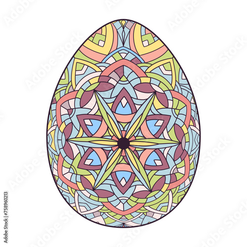 Hand drawn colorful Easter egg with patterns, curls, flowers. Spring Happy Easter egg with floral elements, decorative ornament. Vector cute illustration isolated on white background