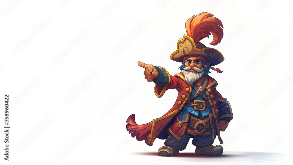 cartoon character captain pirate in hat points with finger at a copy space on a white isolated background