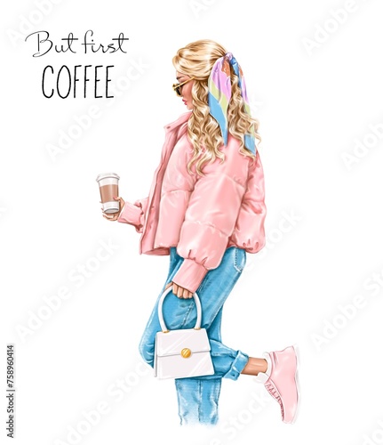 Beautiful fashion blond hair woman with paper coffee cup. Coffee to go illustration. Stylish girl in sunglasses. Fashion illustration 