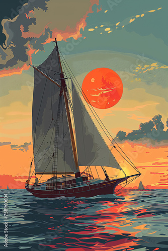 Segelboot mit Sonne, Zeichnung, Illustration