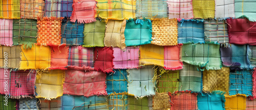 A colorful patchwork quilt made of different colored pieces of fabric. The quilt is made up of many different pieces of fabric, each with its own unique color and pattern. The quilt is a beautiful