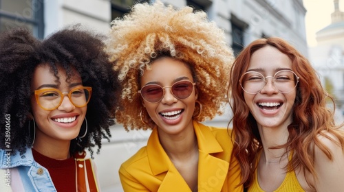 Three women wearing glasses are smiling for the camera in a joyful moment captured during World Laughter Day celebrations