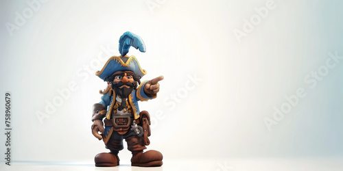 cartoon character pirate in hat points with finger at copy space on a white isolated background