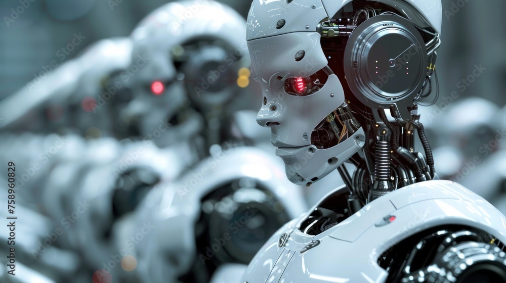 Fototapeta premium A group of white humanoid robots in a row working in a factory close-up