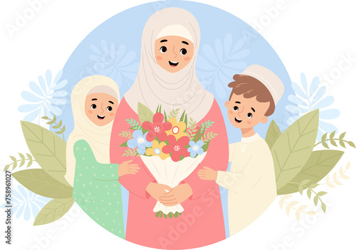 Islamic family. Cute mother with children