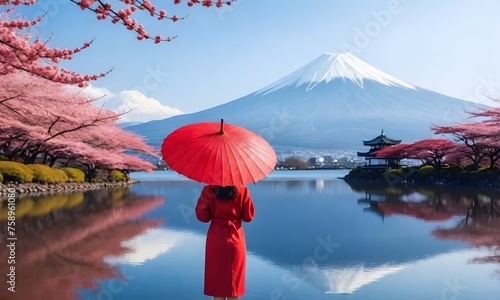 woman holding a red umbrella , standing in front of a calm lake with Mount Fuji in the background and cherry blossoms overhead photo