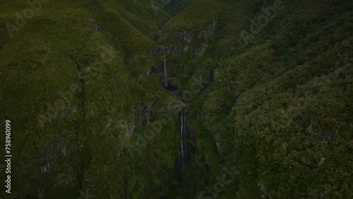 Aerial drone view of Risco Waterfall, trail PR6, Madeira island, Portugal photo