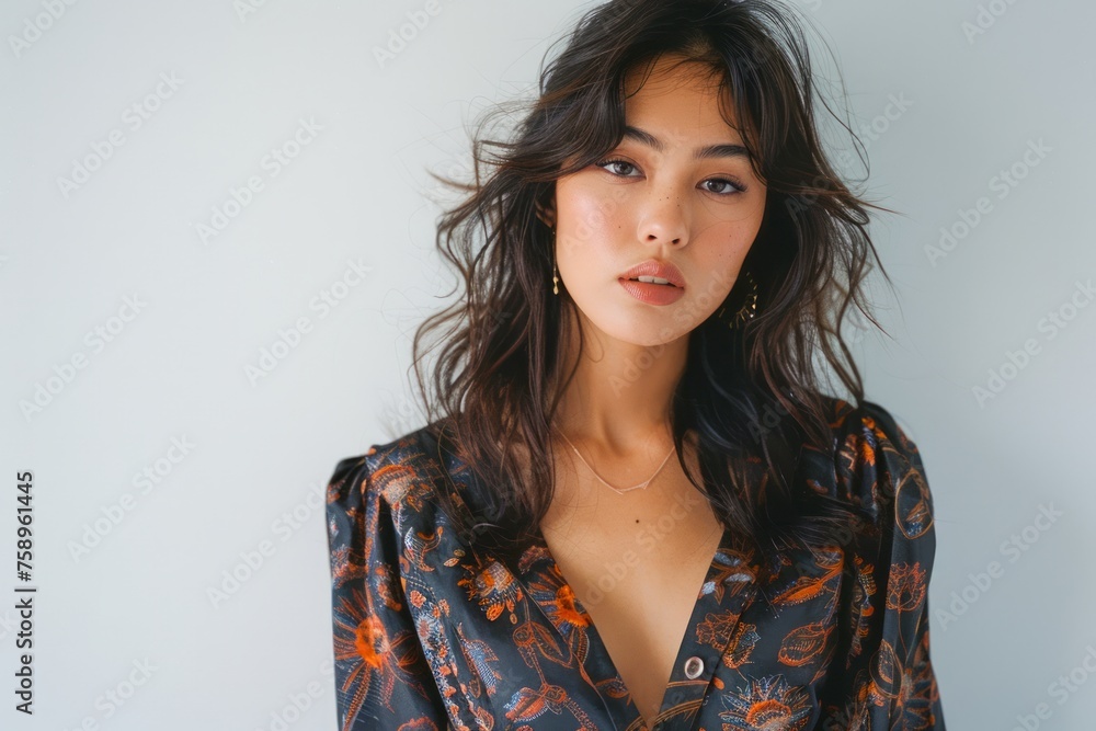 Portrait of a Confident Young Woman with Natural Makeup in Fashionable Floral Attire Posing Elegantly Against a Minimalist Background Portrait of a Confident Young Woman with Natural Makeup in Fashionable Floral Attire Posing Elegantly Against a Minimalist Background