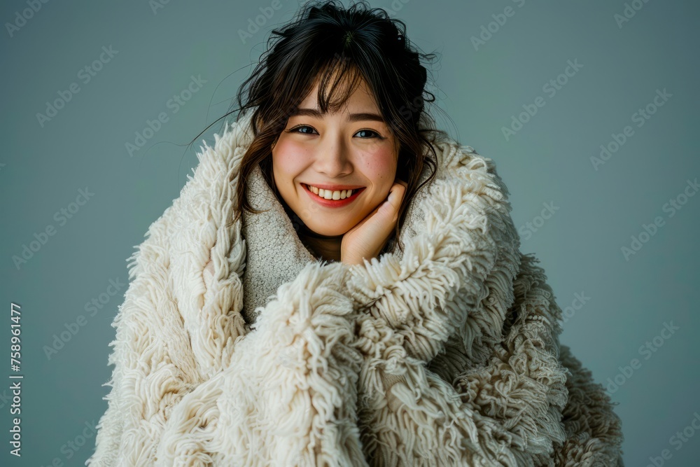 Radiant Young Woman Smiling in Fluffy White Coat, Studio Portrait with Neutral Background Radiant Young Woman Smiling in Fluffy White Coat, Studio Portrait with Neutral Background