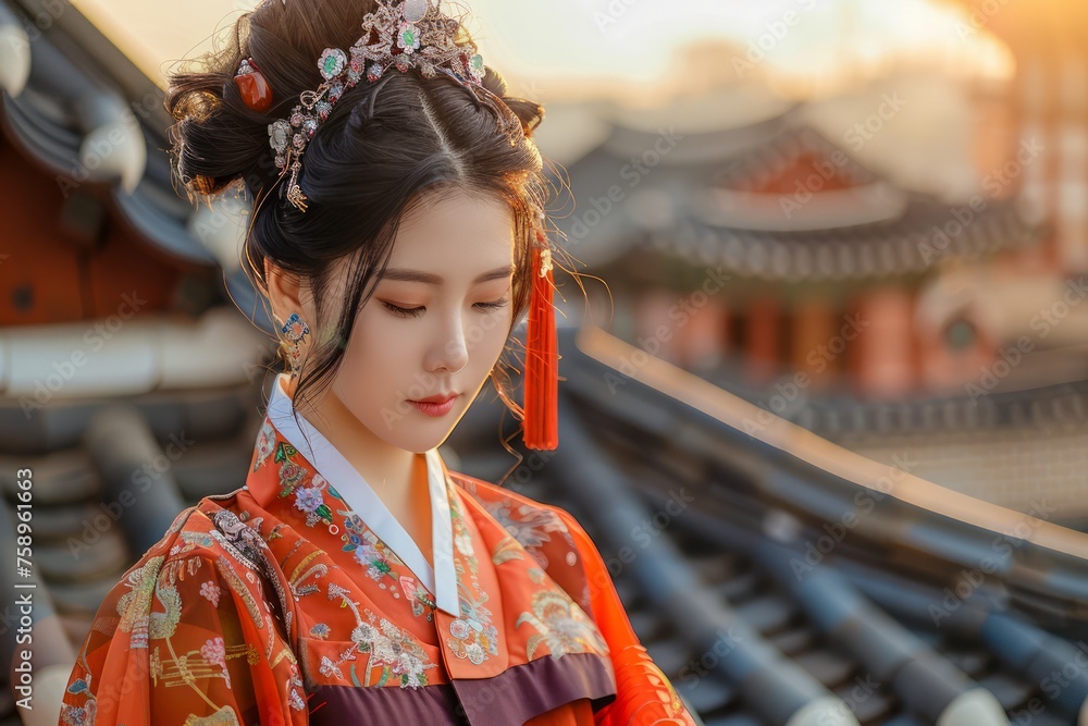 Elegant Woman in Traditional Korean Hanbok Dress at Sunset in Historical Village Setting