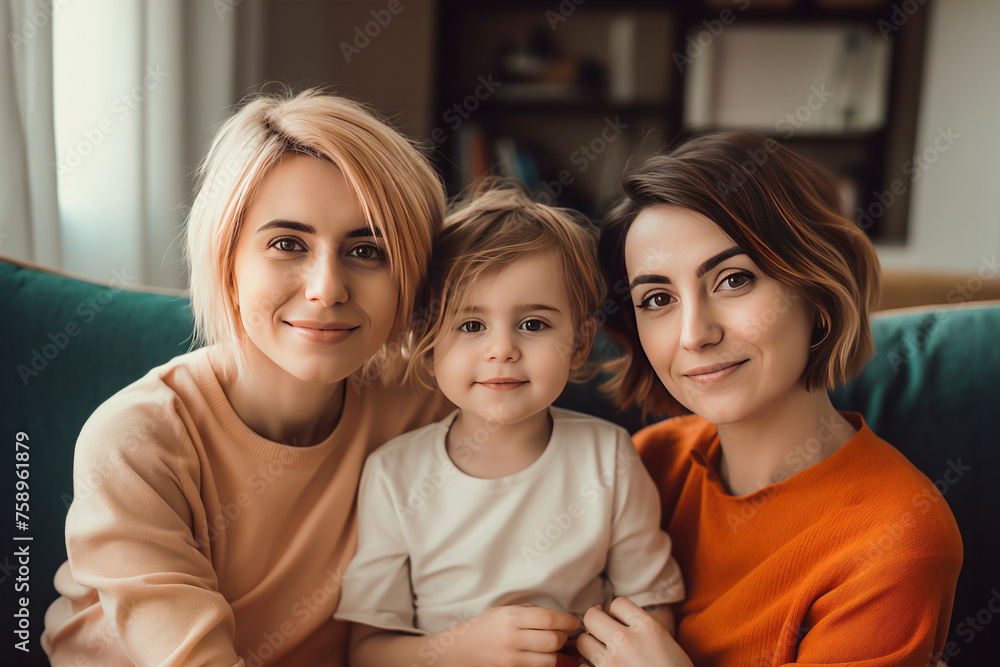 Lesbian couple with a child sitting on the sofa. Adopted children concept generative AI Lesbian couple with a child sitting on the sofa. Adopted children concept generative AI