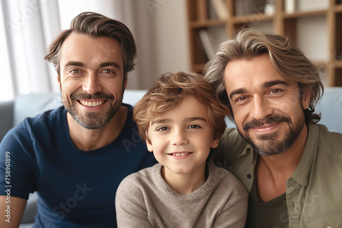gay couple with their son sitting on a sofa at home generative AI photo