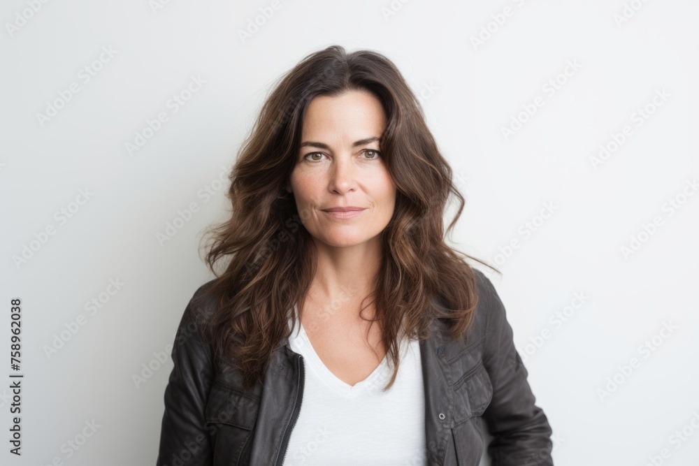 Portrait of a beautiful young woman with long brown hair wearing a leather jacket Portrait of a beautiful young woman with long brown hair wearing a leather jacket