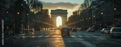 night city street Arc de Triomphe   photo