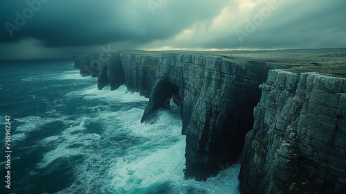 A rugged coastline with dramatic cliffs plunging into the crashing waves below.