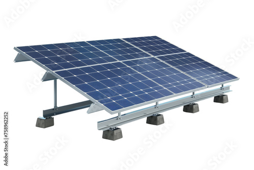 Ground-mounted solar panel system with blue photovoltaic cells and metallic construction isolated on transparent