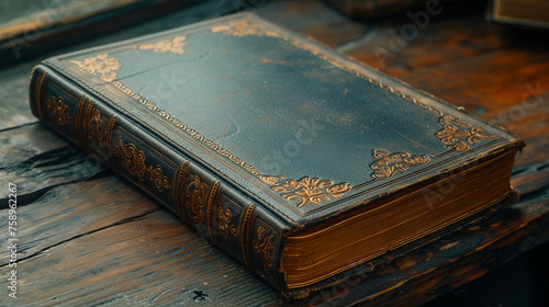 Elegant leather-bound notebook resting on a dark wooden desk, capturing intricate embossed details.