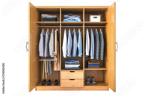 Open wooden wardrobe with organized clothing, shoes, and storage boxes isolated on transparent background © kitinut