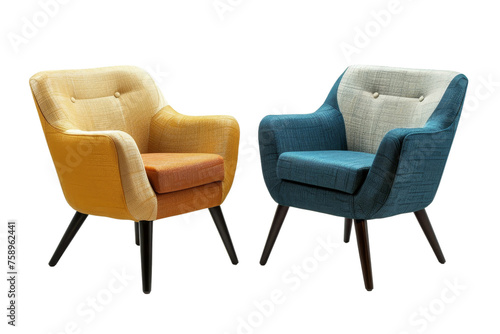 Modern textured fabric armchairs in yellow and blue with wooden legs on a transparent background