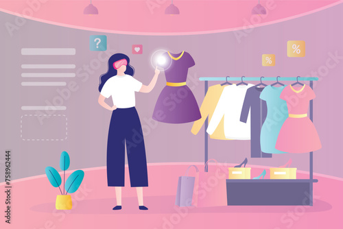 Virtual reality, digital shopping. Shopper wearing VR glasses having 3d experience in shopping in metaverse or internet shop. Woman uses new digital technology