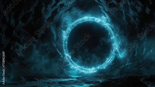 Mystical Blue Portal Glowing in a Dark Enchanted Forest at Night. Portal to another world. Transition to another universe.