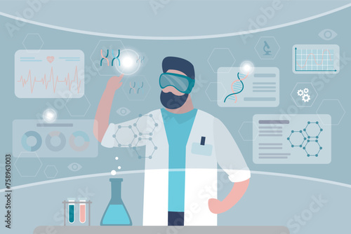 Futuristic scientist in VR headset. Smart man creates chemical compounds and structures in virtual reality. Chemist or medical worker researching molecules with digital glasses.