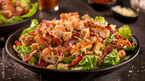 Salad with slices of crispy bacon, chicken pieces and cheese