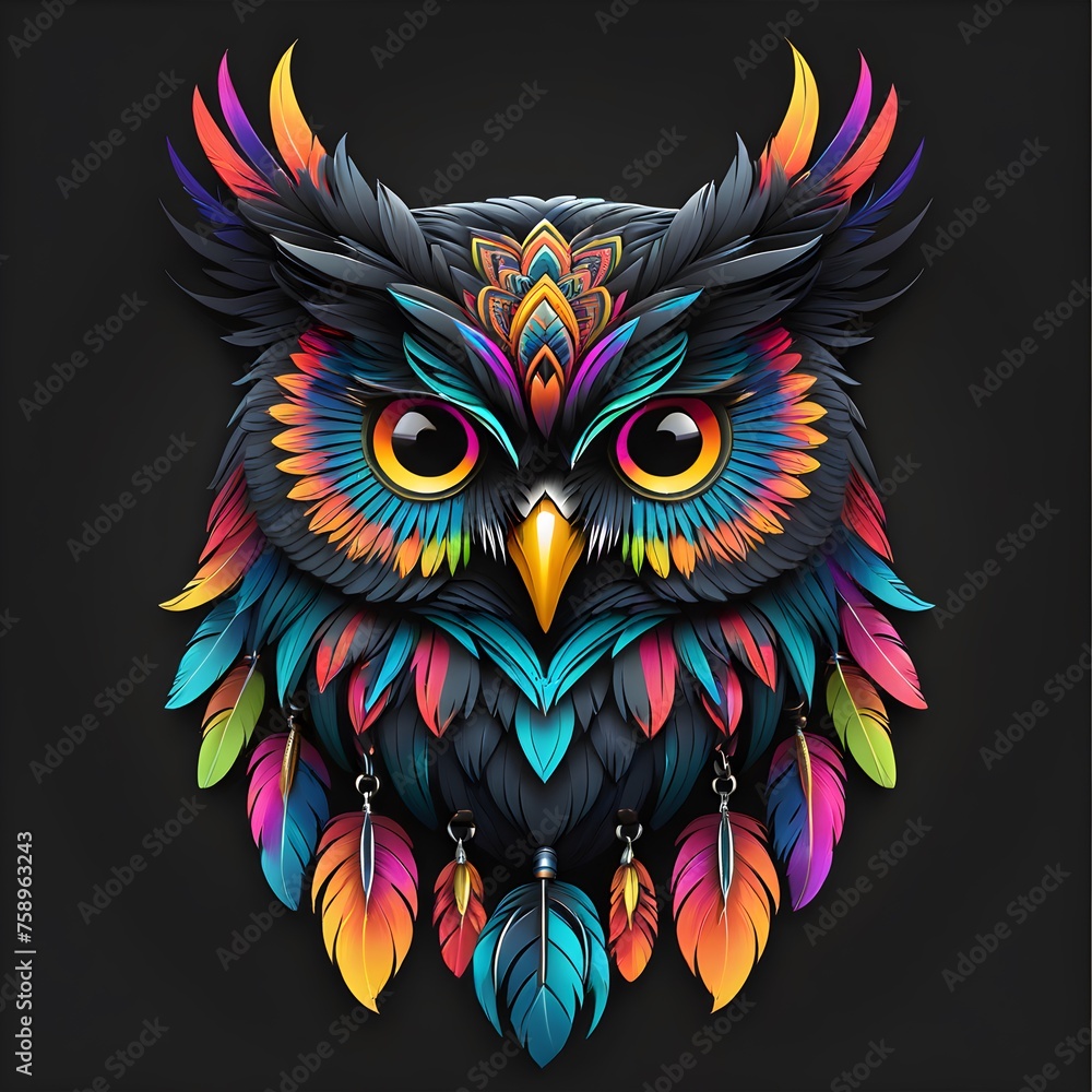 Vivid Tribal Owl Tattoo Logo: Intricate Mandala Patterns & Neon Undertones on Darkest Black Background - Elevating Minimalist Elegance